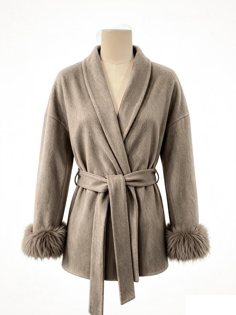 2025 A/W Women's French Tweed Short Coat with Fur Cuffs, V-neck, and Tie-waist - Solid Color.