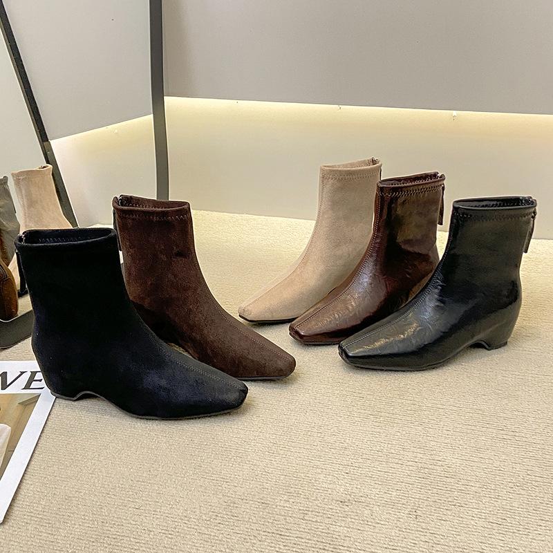 Soft leather version~ retro high-heeled short boots for women's autumn and winter new square-headed thin boots, small inner height-increasing boots