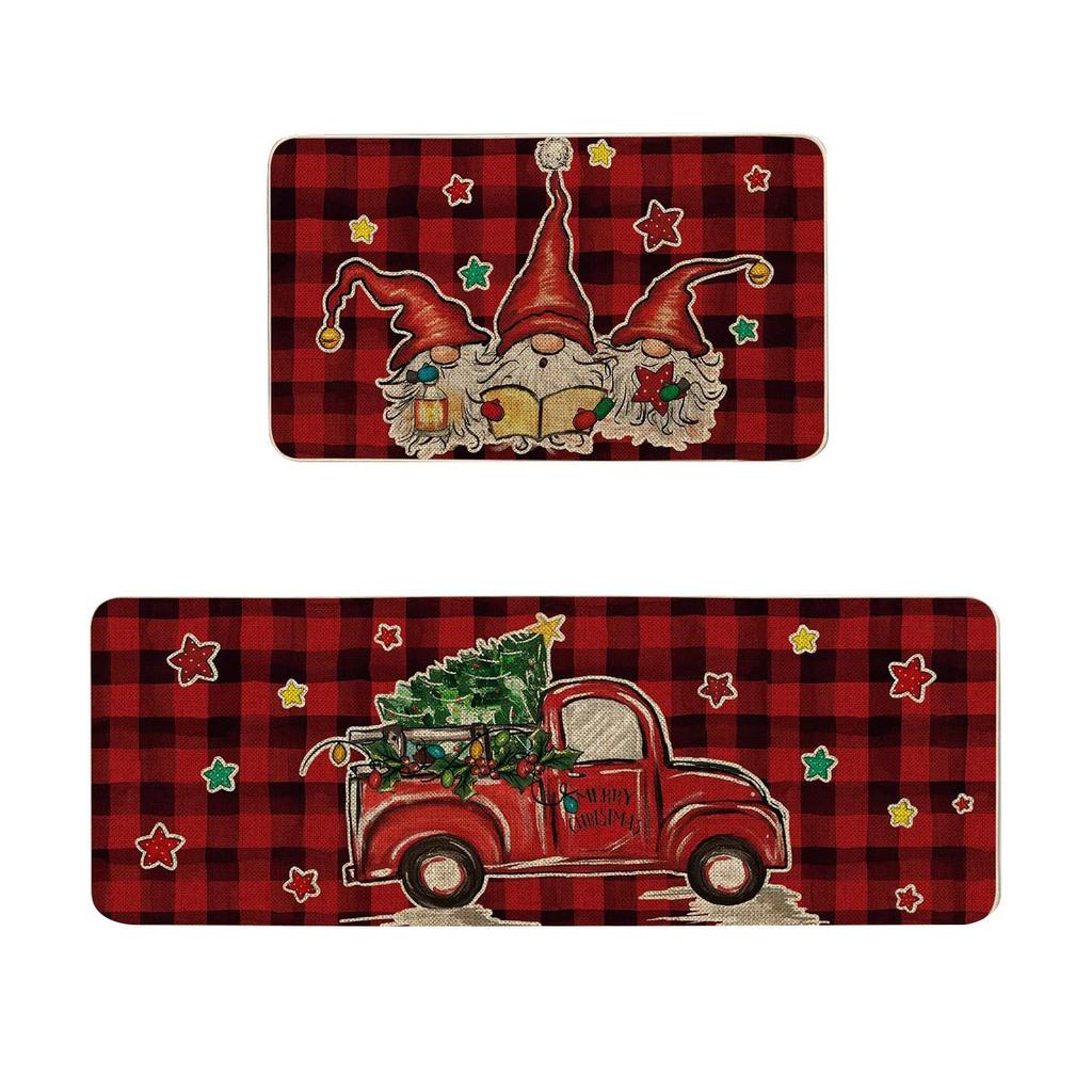 VIKAMA 2pcs Christmas Winter Crystal Velvet Floor Rug Kitchen Non-slip Mat Entrance Welcome Door Mat Holiday Home Decoration