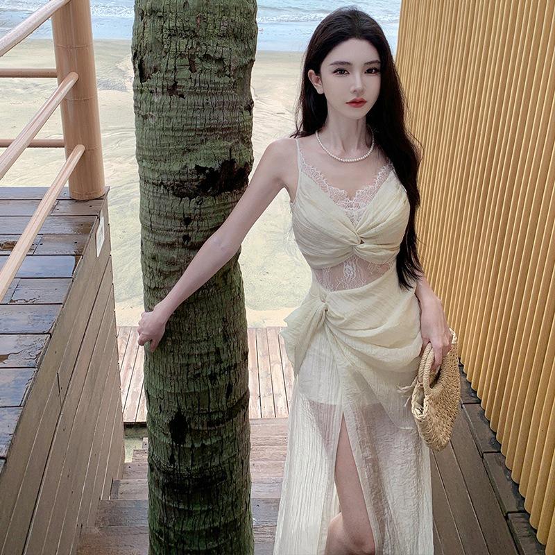 French Retro Lace Dress Vacation Summer Tube Top Hollow Temperament Banquet Birthday Dress