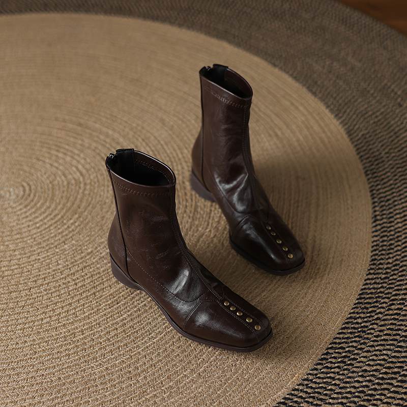 Krazing Pot Microfiber Winter Square Toe Modern Size 33 Boots Size 43 Metal Rivets Med Heels Zipper Women Ankle Boots