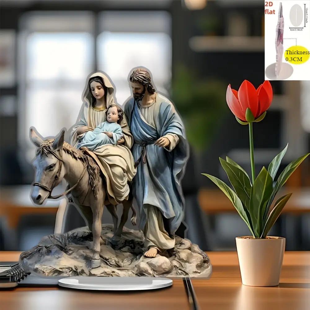 2D Flat Christmas Manger Scene Decoration The Holy Family of Jesus, Mary and Joseph with Donkey Acrylic Printed Tabletop Ornament   Home Office Church