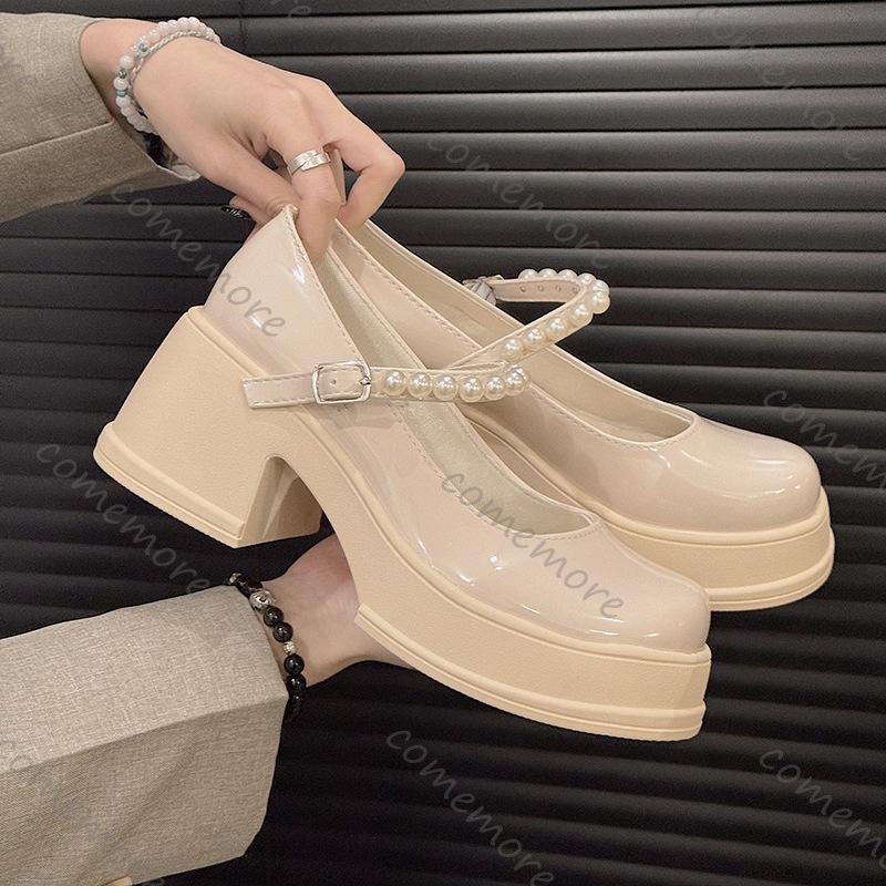 Fashion Comemore Mary Jane Single Shoe Women Spring Autumn Chunky High Heeled Female Shoes Casual Thick Bottom Pearl Retro Loafers Pumps