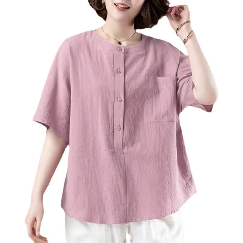 Damen Übergröße Reines Baumwoll-Kurzarm-T-Shirt, Sommer 2025, Lockere Passform, Bauchbedeckend, Stil für Mütter mittleren Alters.