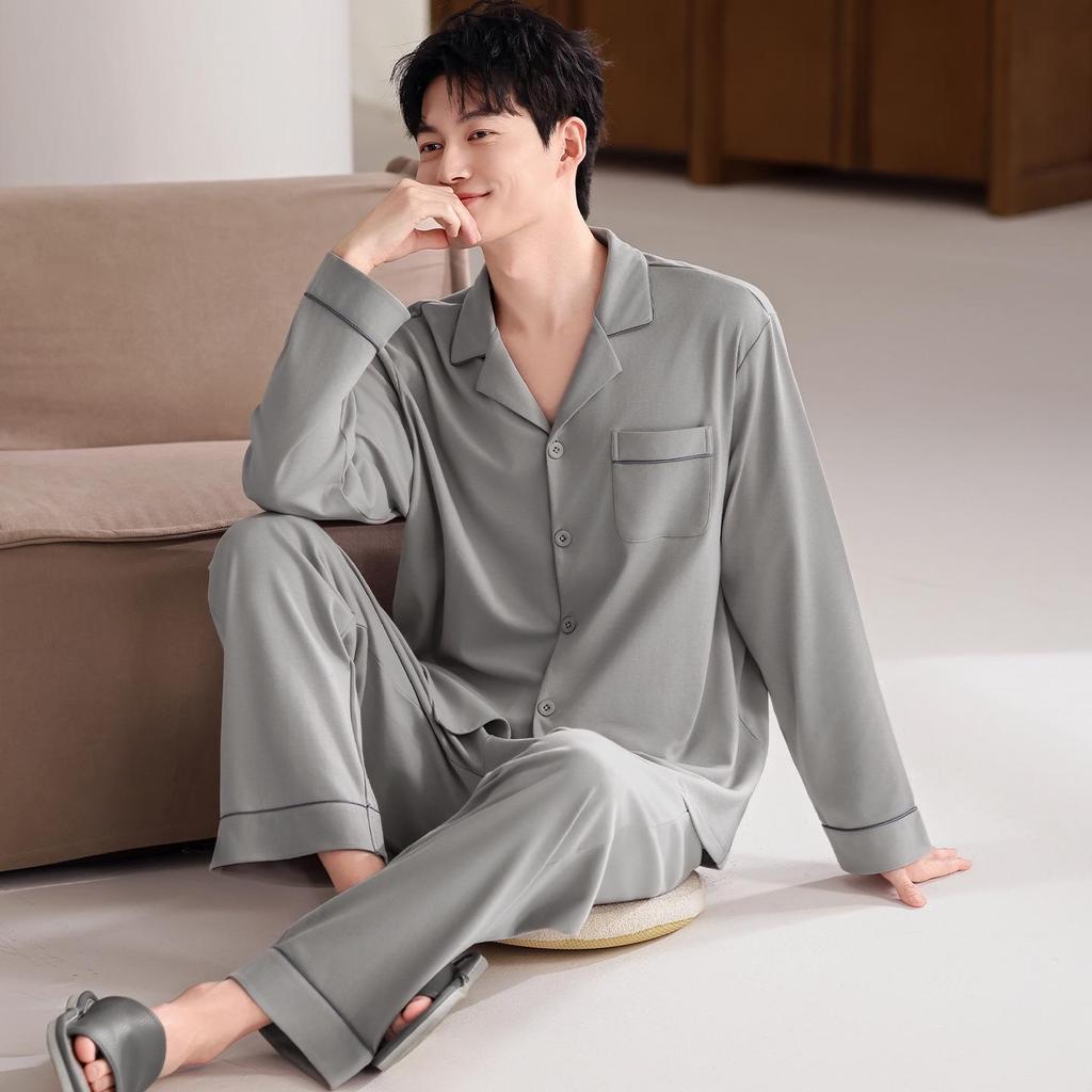 Men's Plus Size Cotton Pajamas Cardigan Set for Spring/Autumn - Long Sleeve, Lightweight, Casual Wear for Home or Out.