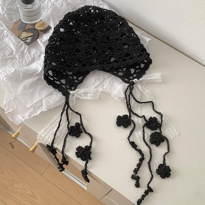Ethnic Style Hollow Lace Fringed Bag Head Hat Women'S Spring And Summer Thin Knitted Pullover Hat Retro Literary And Artistic Show Small Face