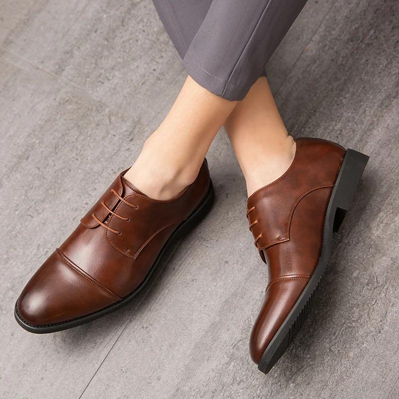 European Station Men  New Arrival Pointed Splice Casual Derby Leather Shoes Black Brown Sizes 38-48 Men Shoes