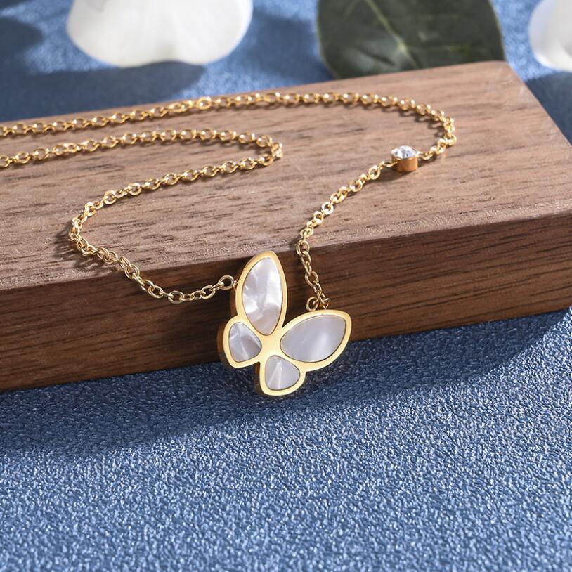 316L Stainless Steel Fashion Fine High-end Jewelry Natural Shell Zircon Butterfly Charms Collier Necklaces Pendants For Women