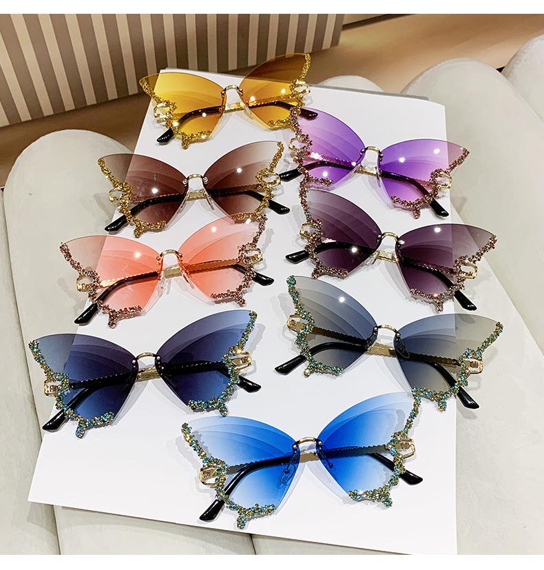 Butterfly Shaped Frameless Sunglasses for Women with Rhinestone Decoration Oversized Unique Design Fashion Eyewear UV Protection