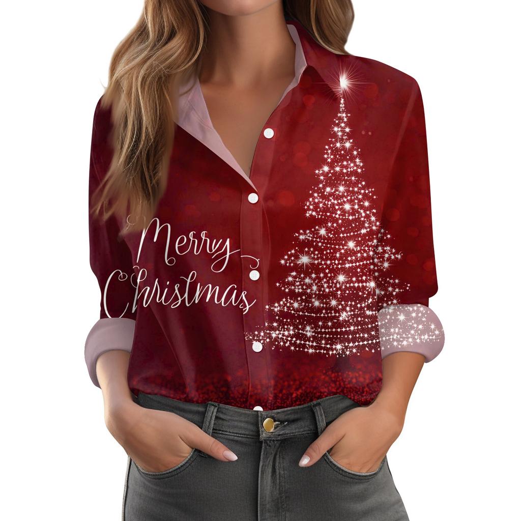 Women's Christmas Print Casual Half-Open Collar Long Sleeve Shirt