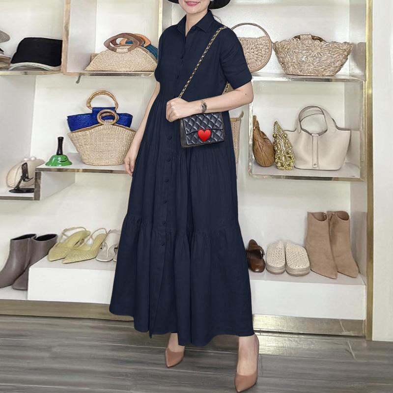 ZANZEA Women Casual Turn Down Collar Loose Short Sleeve Long Dress