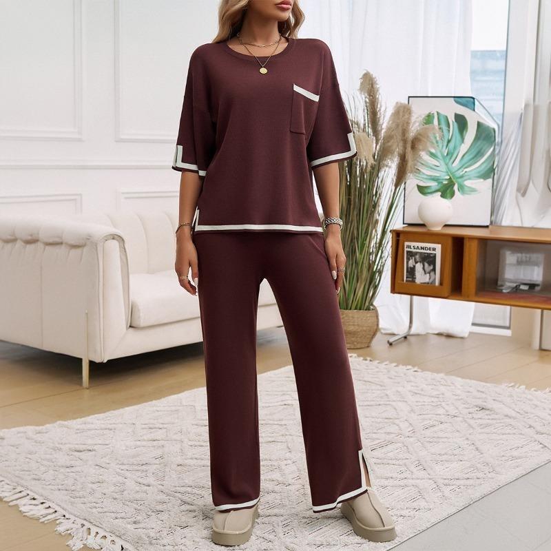 Women's Autumn and Winter Temperament Communicator Collision Short Sleeve Long Pants Sweater Set