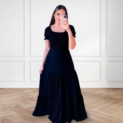 Maxikleid für Damen, quadratischer Halsausschnitt, elastische Büste, plissiert, einfarbig, A-Linie, lockerer Patchwork-Saum, kurze Ärmel, plissierter Boden