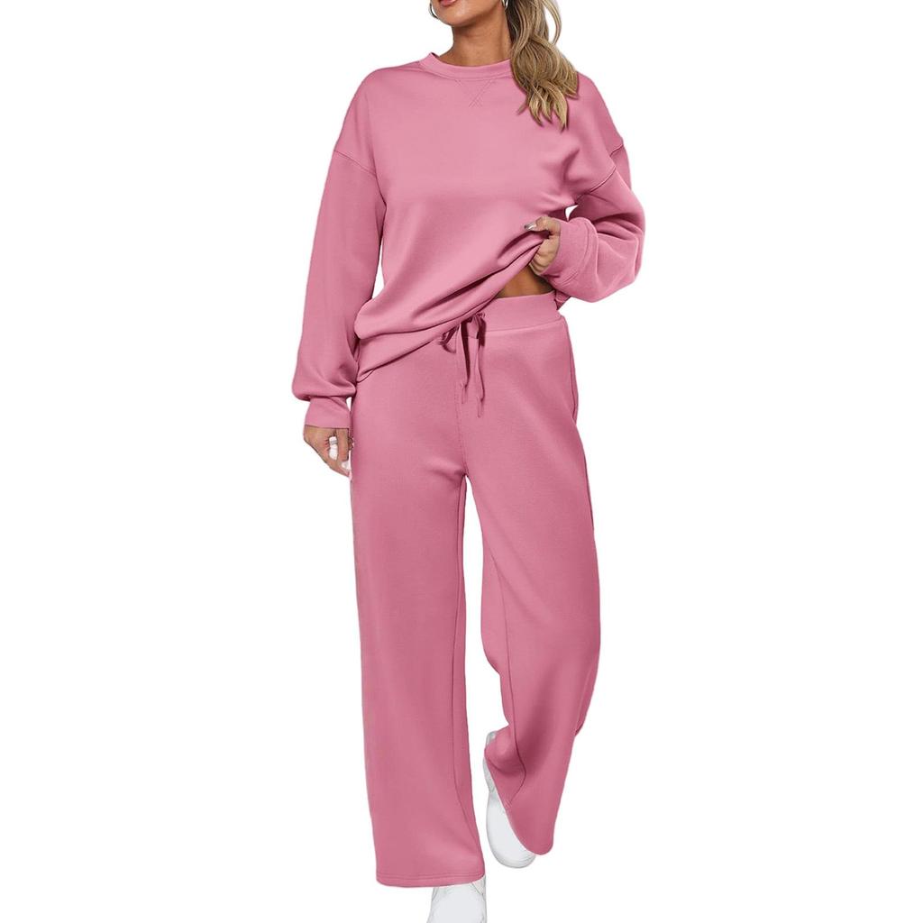 European-Americana Knit Women's Two-Piece: Long-Sleeve Top & Wide-Leg Pocketed Sweatpants