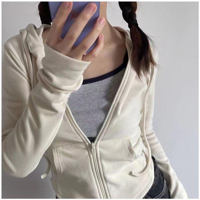 Spring Autumn Casual Fashion Solid Color Slim Cardigan Hoodies Women Street Style Drawstring Zipper Hooded Top