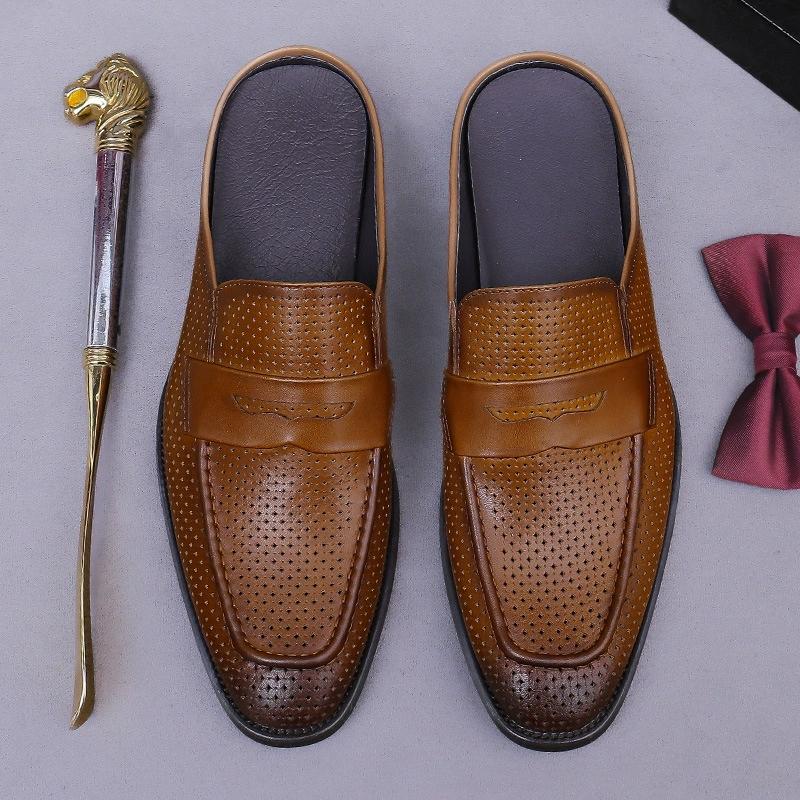 Fashion Closed Toe Half Shoes for Men Black Mules Slippers Slip On Genuine Cowhide Leather Hollow Out Flat Sandals Man Summer 2025