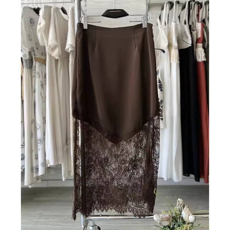 Women Patchwork Lace Skirts New High Waist Slim Hollow Out Maxi Skirts Autumn Brown Fashion Party Club Boho Skirt