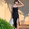 Sommerliches Schwarzes Unregelmäßiges Drapierte Träger Midi-Kleid - Französisch Sexy Schlankmachendes Schlitz-Design
