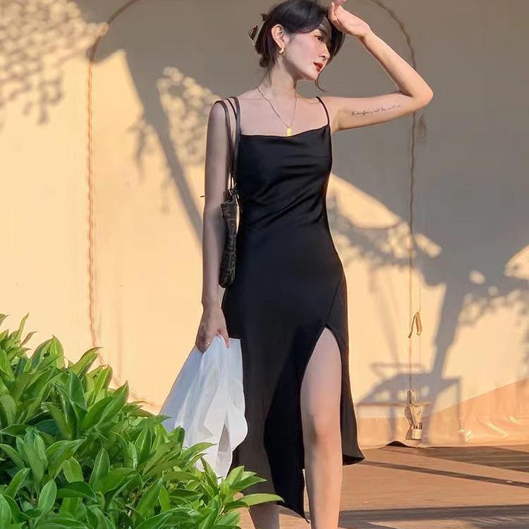 Summer Black Irregular Draped Strap Midi Dress - French Sexy Slimming Split Design