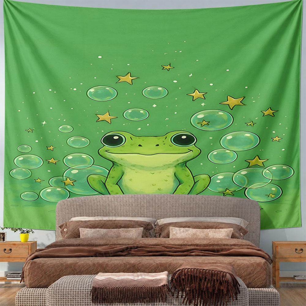 Frog with Stars and Bubbles on Green Pattern Wall Hanging Tapestry Decorative Tapestry Home Decor for Bedroom and Living Room
