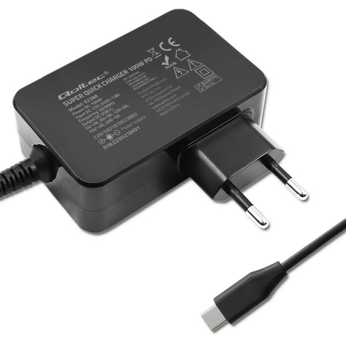 Qoltec Încărcător GaN POWER PRO | 1xUSB-C | 100W | 5-20V | 3-5A | Laptop | Smartphone | Neagră