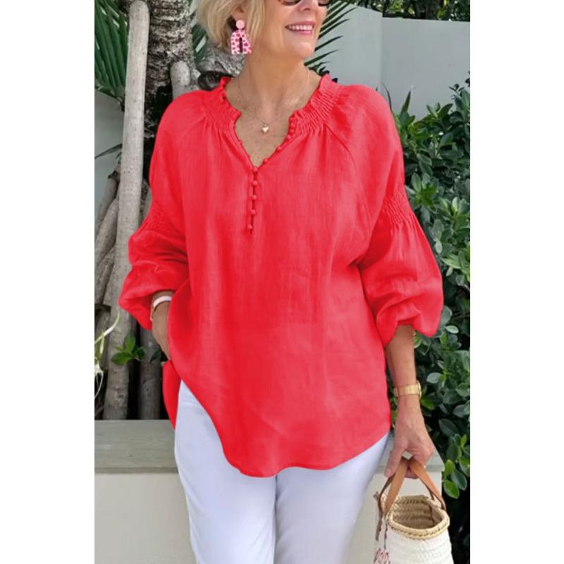 Womens Linen V Neck Pom Pom Detail Lantern Sleeve Blouse Casual Loose Top