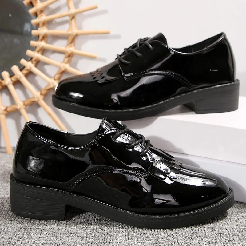 Lucyever Black Patent Leather Loafers Shoes for Women Plus Size Lace Up Office Flat Shoes Women Comfort Low Heels Pumps Ladies