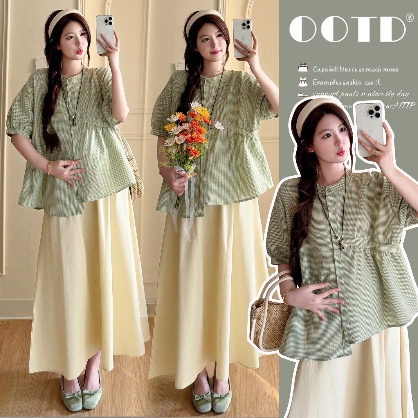 2026 Summer Fresh Maternity Plaid Two-Piece: Loose Doll Shirt + Adjustable Skirt M