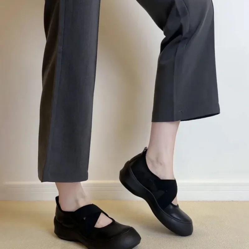 Retro Sport Thick Heel Mary Jane Ballet Flats Round Toe Women's Low Cut Single Shoes Rubber Sole Spring Autumn Pure Color