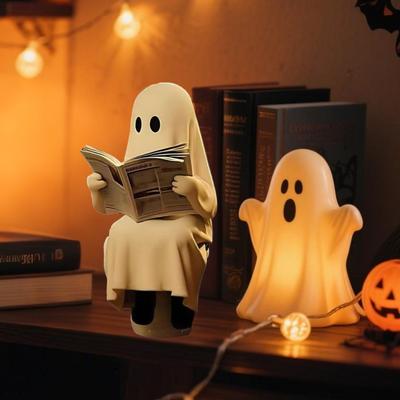 Geist Lesebuch Statue Niedlicher Geist auf Toilette Lesefigur Harz Halloween Dekoration für Badezimmer Schreibtisch Bücherregal Dekor