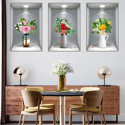 3D Effect Potted Triptych Posters Hallway Staircase Decorative Painting Hotel Restaurant Wall Plant Stickers
