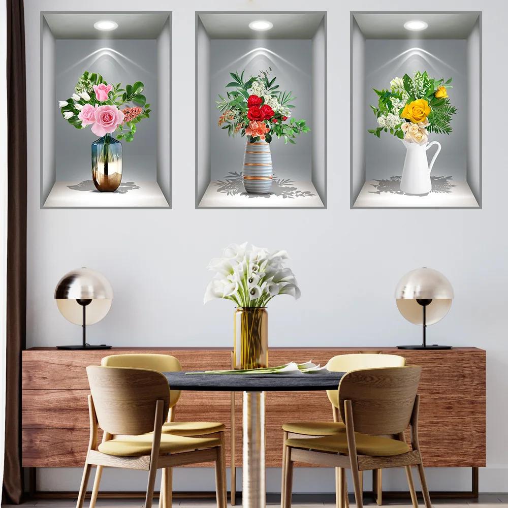 3D Effect Potted Triptych Posters Hallway Staircase Decorative Painting Hotel Restaurant Wall Plant Stickers
