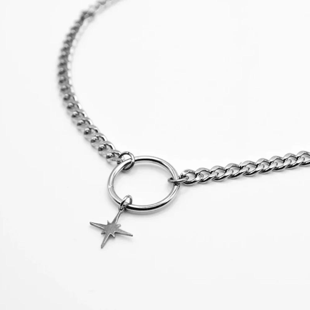 Gothic Punk Silver Color Star O Ring Choker Necklace Stainless Steel Cuban Chain Necklaces For Women