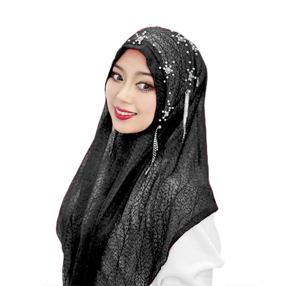 Msulim Hijab Women Beaded Flower Tassel Shawl Wrap Islamic Hat Stoles Headscarf Turban
