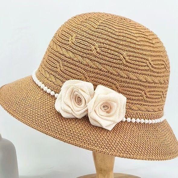 French Elegant Flower Pearl Knitted Fisherman's Hat Ladies Summer Fashion Face Small Shade Straw Hat Sun Hat
