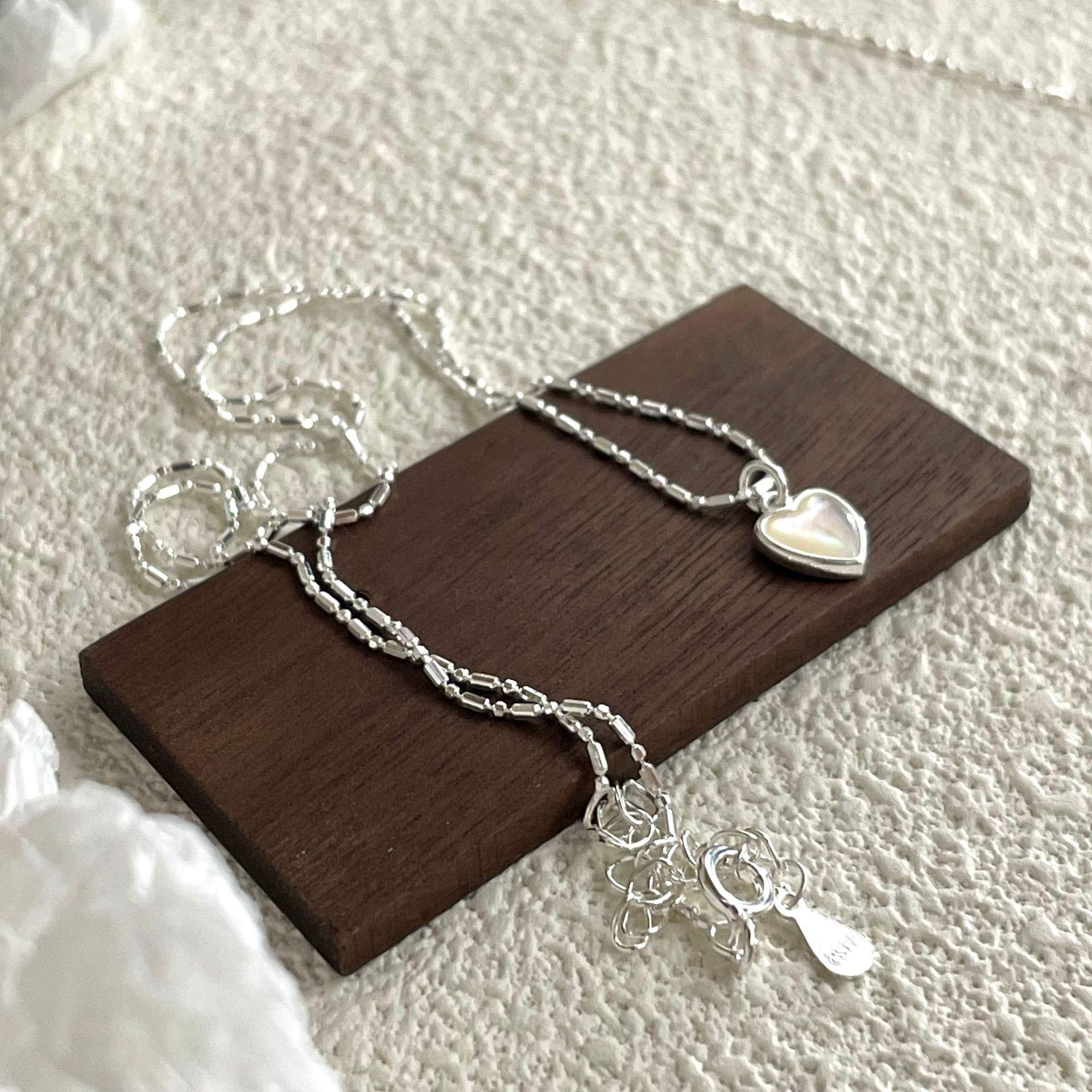 S925 Sterling Silver Heart Mother-of-Pearl Necklace - Peach Heart Design, Lightweight, Luxury Clavicle Chain for Girls 925 Sterling Silver