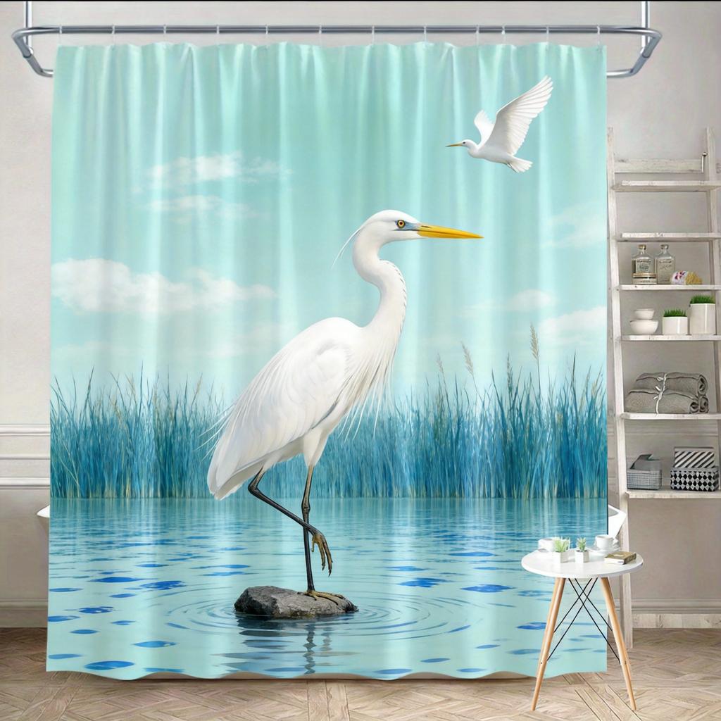 Elegant Heron Shower Curtain Machine Washable All Season Waterproof Privacy Protection 2D Print Nature Design Serene 12 Hooks