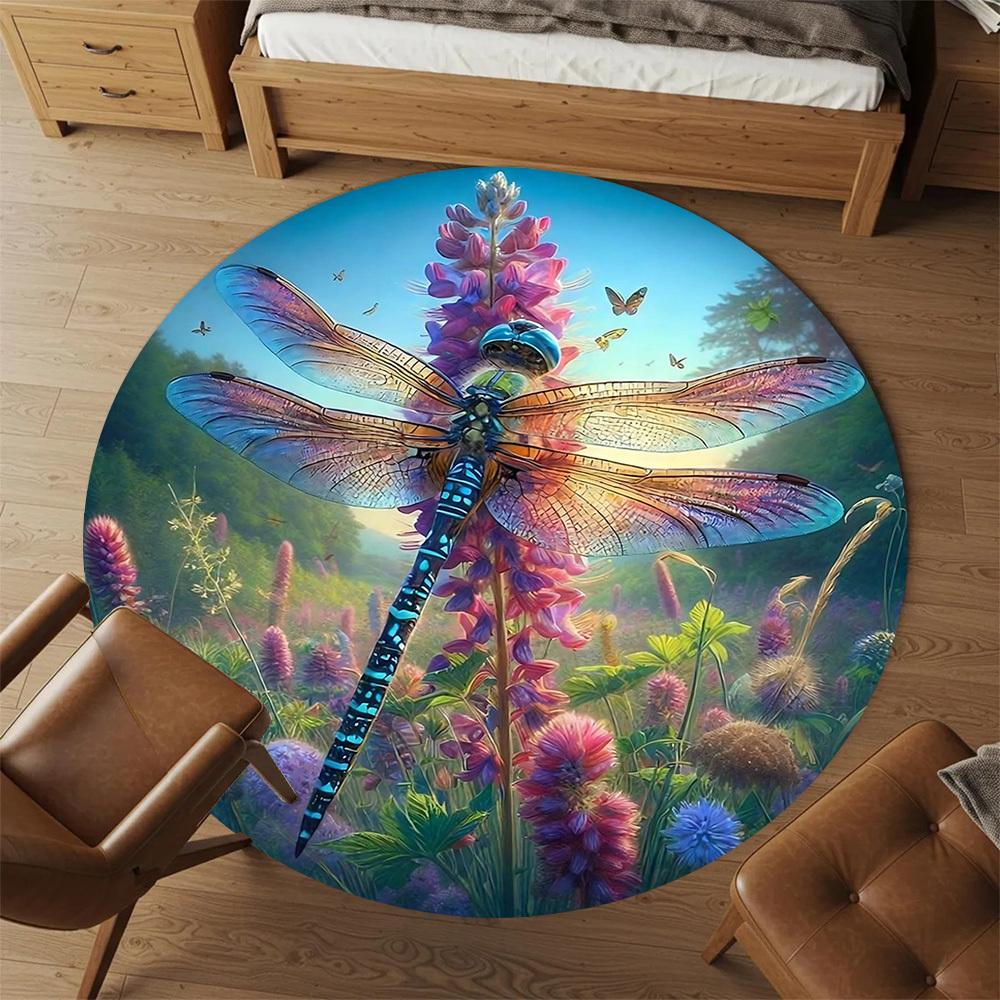 1pc Dragonfly Wildflowers Round Chair mat Area Rug - Non-Slip, Floor Mat for Office, Bedroom, home decor Christmas Gift-1002333