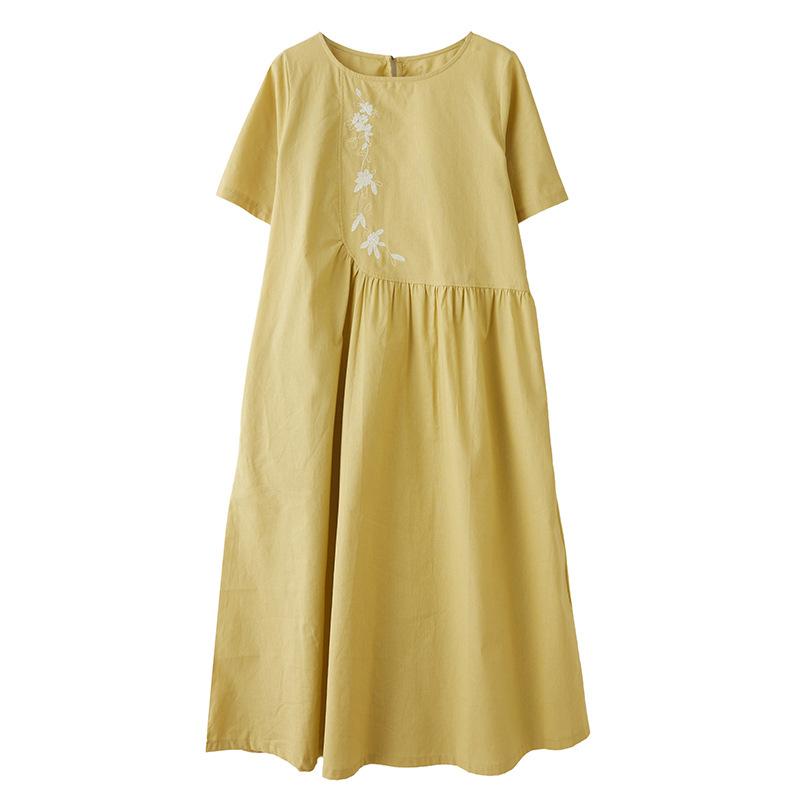 Summer Cotton and Linen Solid Color Pullover Dress for Women
