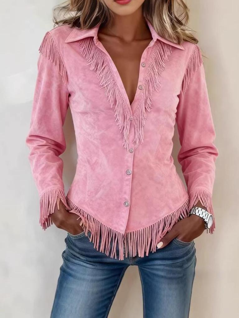 Women's Pink Suede Tassel Jacket - European & American Slim Lapel Coat for Autumn/Winter