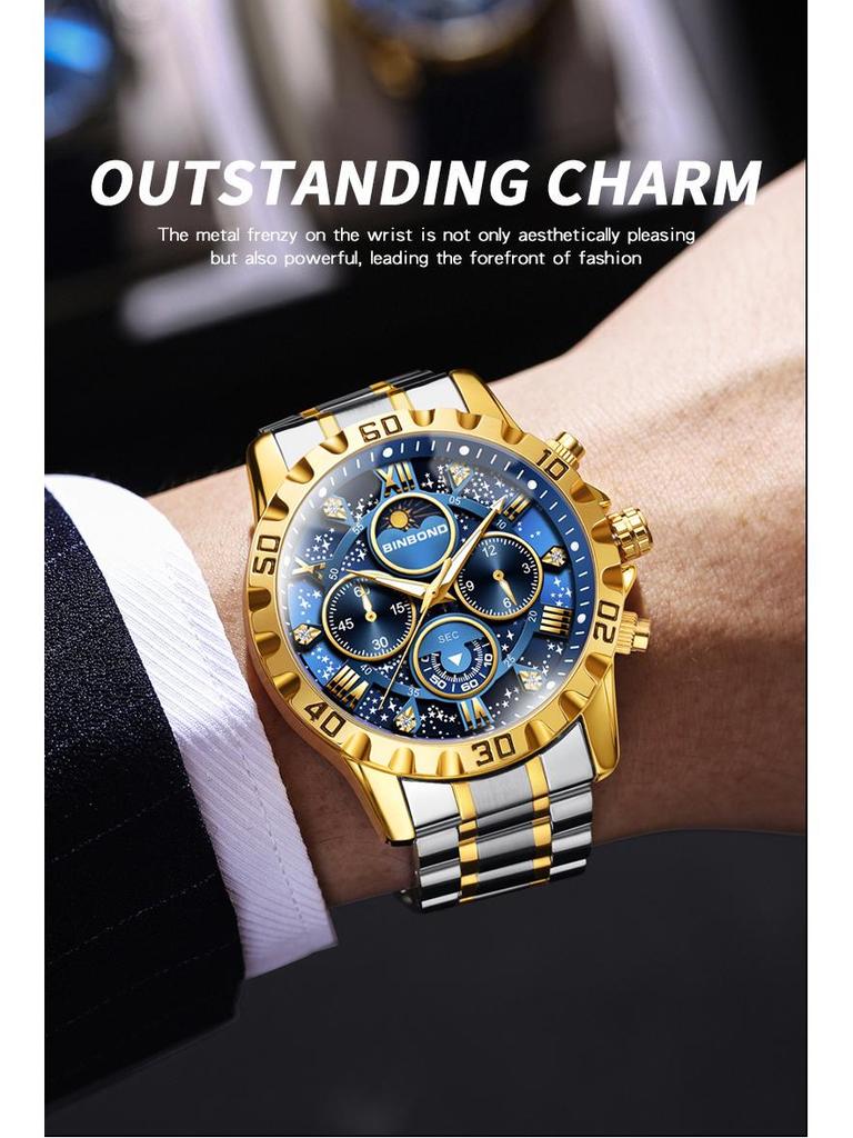 BINBOND Men's Luminous Stainless Steel Moon Phase Quartz Watch