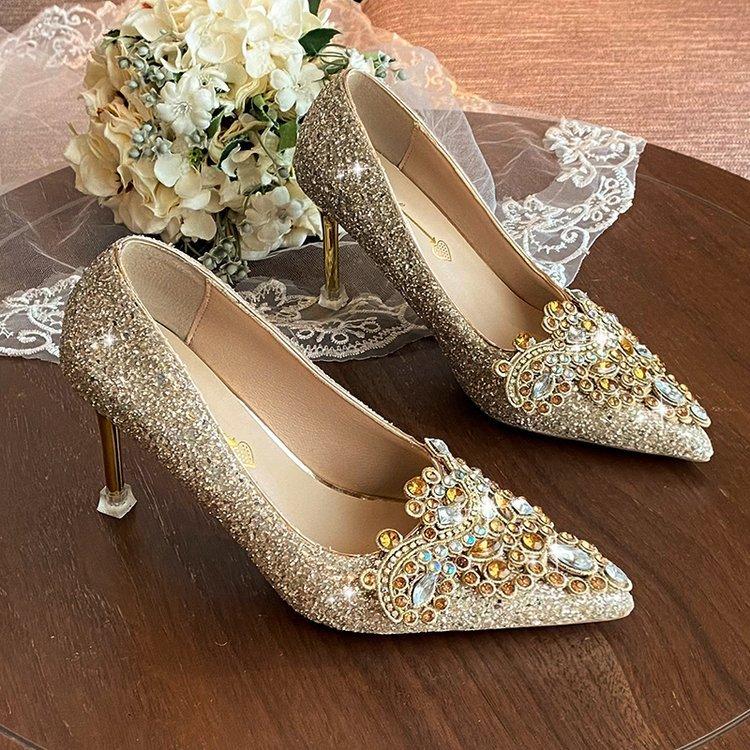 Wedding Shoes Women's Brides Bridesmaids Crystal Shoes Etiquette Wedding Sequins Fine Heels Rhinestones Women's High Heels
