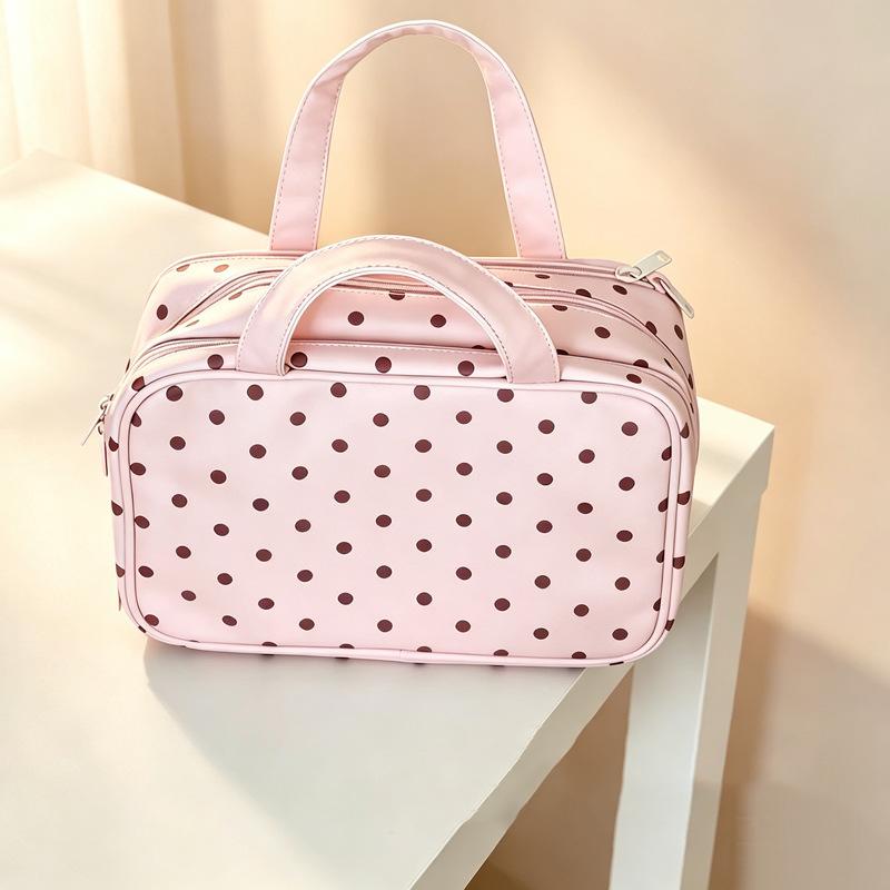 2026 New Polka Dot Pu Travel Toiletry Large Capacity Three Tier Multi Pocket Organizer Hanging Suitcase Storage Handbag Handle