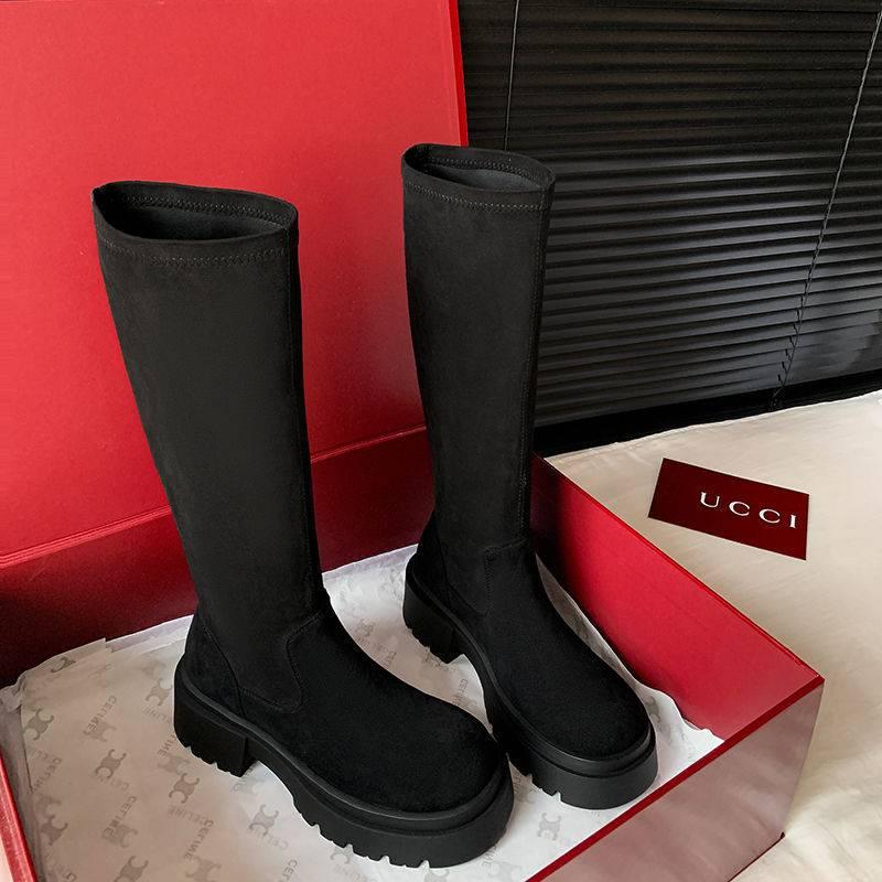 Autumn and winter leather knight boots women's sleeve cowhide large size women's boots solid color non-slip cowhide high heel thick-soled high boots