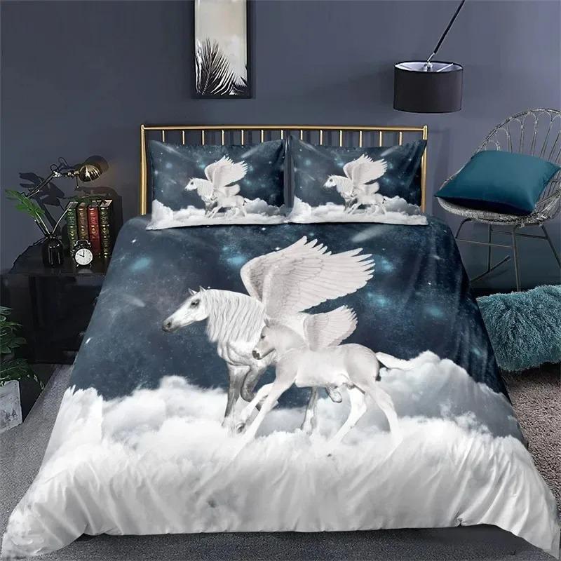 White Dragon Horse Duvet Cover 3D Unicorn Bedding Set For Teens Boys Microfiber Western Cowboy Comforter Cover With Pillowcases
