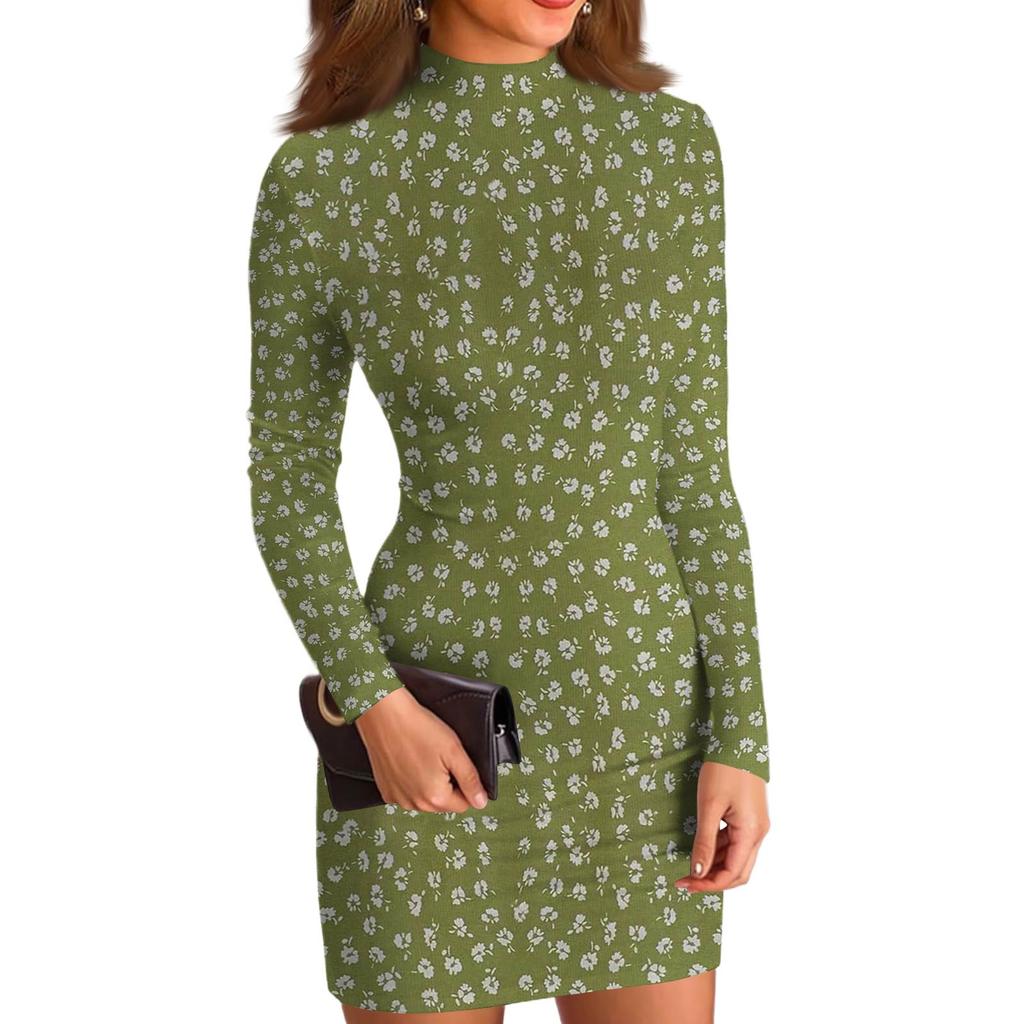 Women's High-Neck Casual Long-Sleeved Printed Slim-Fit Dress