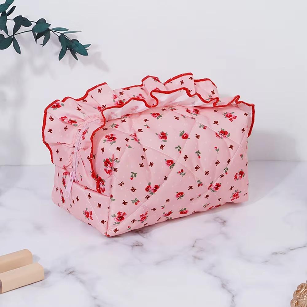 With Zipper Floral Cosmetic Bag Cherry Printed Toiletry Organizer Ruffle Makeup Bag  Travel