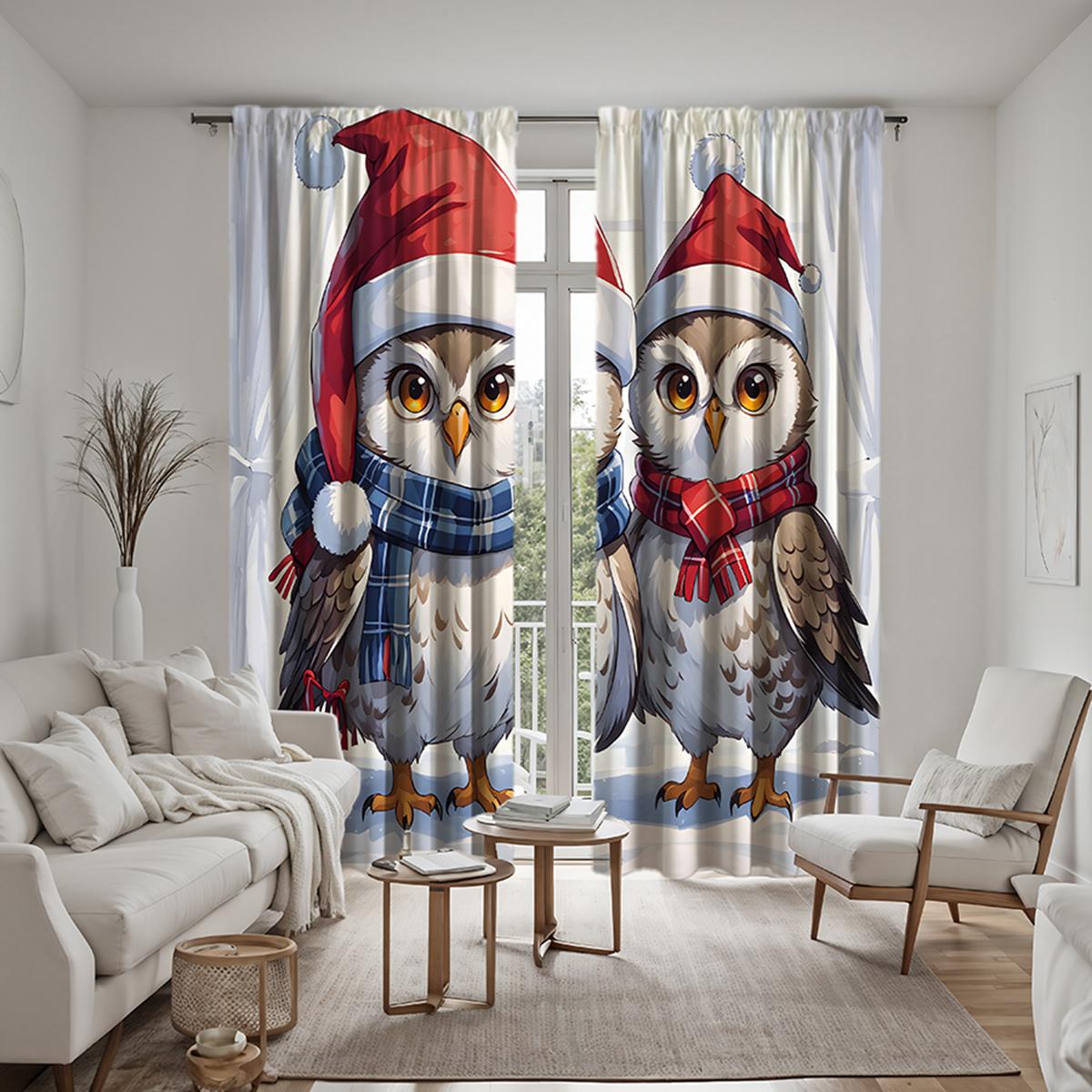 

Набор из 2 предметов HD Пара цыплят в шапке Санты Декоративная занавеска Белая занавеска с цифровой печатью Стиль украшения дома Украшенный W52H63inchW132H160cm