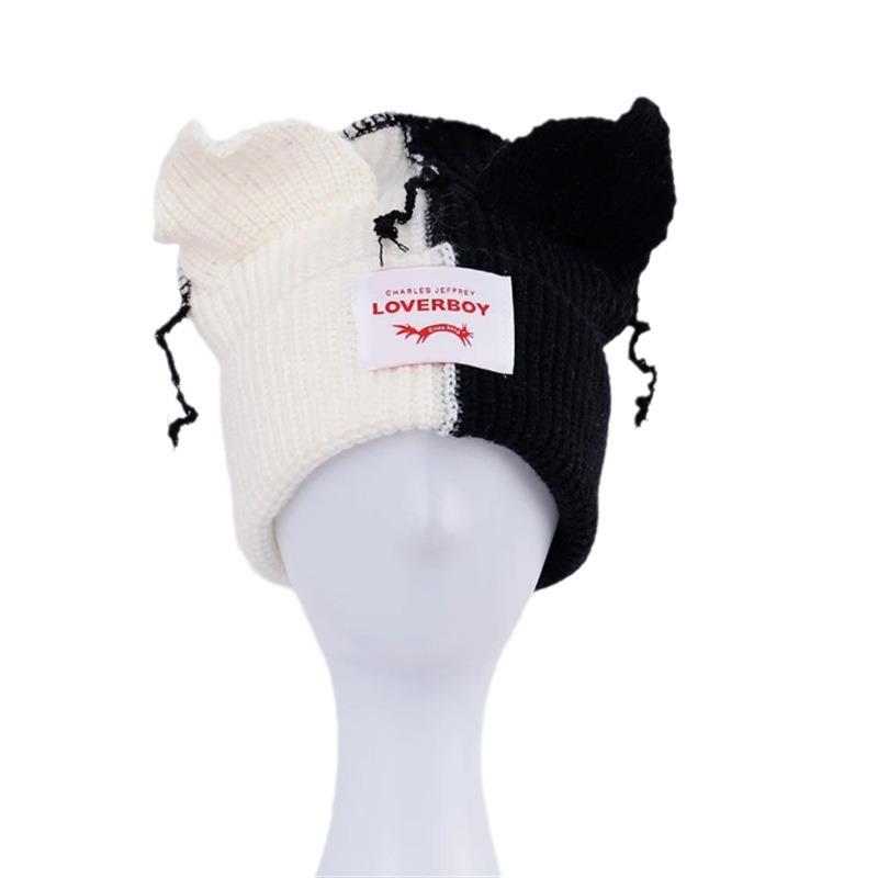 New Handmade Crocheted Ice Strip Mixed Color Cat Ear Braid Hat Adult Pullover Hat