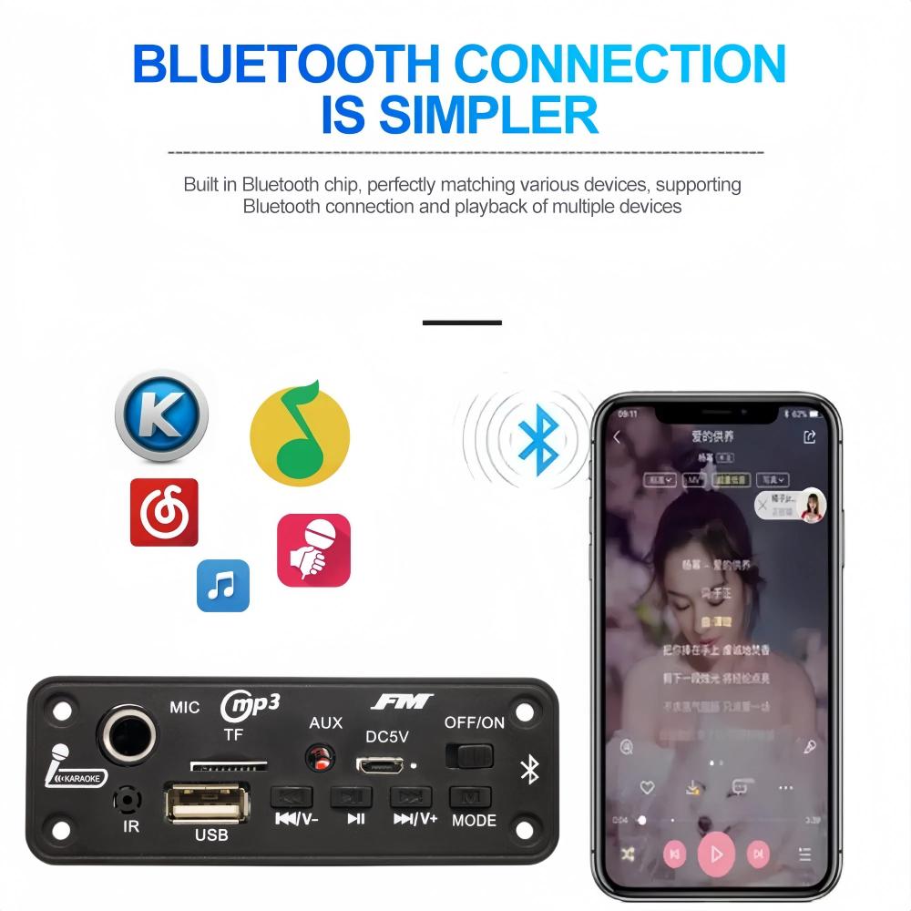 5W Amplifier Bluetooth DIY MP3 WAV Decoder Board DC 5V 10W Wireless Car USB MP3 Player TF Card Slot USB FM with 6.5mm Mic Remote